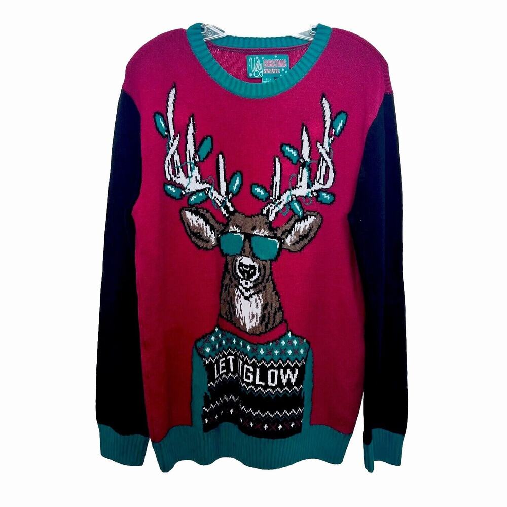 Christmas Reindeer Sweater Mens Large Red Green Light Up Let It Glow Party
